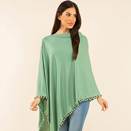 Pom Pom Trim Solid Asymmetrical Poncho