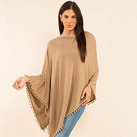 Pom Pom Trim Solid Asymmetrical Poncho