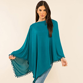 Pom Pom Trim Solid Asymmetrical Poncho