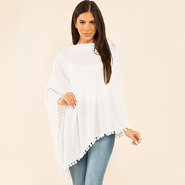 Pom Pom Trim Solid Asymmetrical Poncho