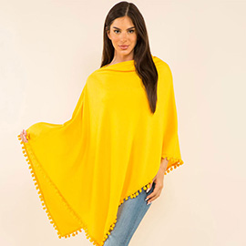 Pom Pom Trim Solid Asymmetrical Poncho