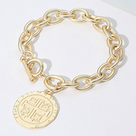 14k Gold Plated Vintage Coin Charm Chunky Chain Toggle Bracelet