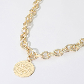 14K Gold Plated Vintage Coin Pendant Chunky Chain Necklace