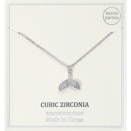Silver Dipped CZ Stone Paved Whale Tale Pendant Necklace