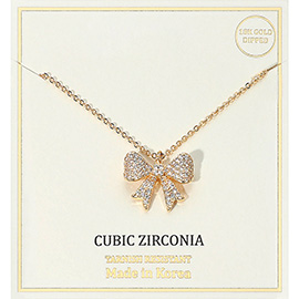 18K Gold Dipped CZ Stone Paved Bow Pendant Necklace