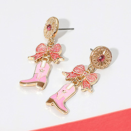 Holiday Bow Accent Western Boot Dangle Earrings