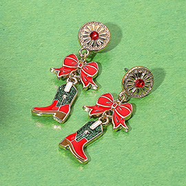 Holiday Bow Accent Western Boot Dangle Earrings