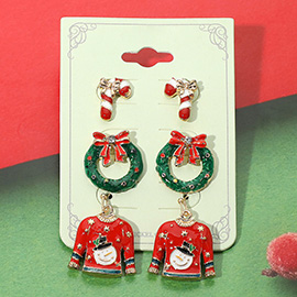 3Pairs - Enamel Christmas Candy Cane Wreath Sweater Earring Set