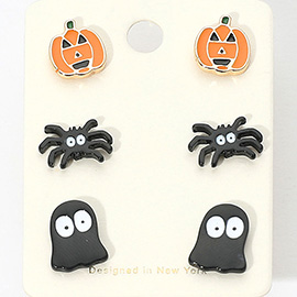 3Pairs - Halloween Pumpkin Spider Ghost Stud Earring Set