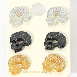 3Pairs - Glittered Resin Skull Stud Earring Set
