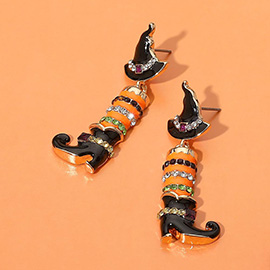 Rhinestone Accent Witch Hat Boot Dangle Earrings
