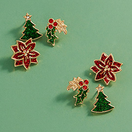 3Pairs - Christmas Tree Holly Poinsettia Stud Earring Set