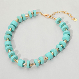 Wooden Stacked Disc Textured Metal Bar Beaded Statement Necklace