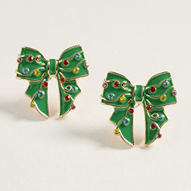 Festive Rhinestone Lights Holiday Bow Earrings