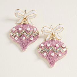 Bow Pearl Accent Holiday Ornament Dangle Earrings