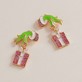 Green Monster Hand Glittered Holiday Gift Box Dangle Earrings