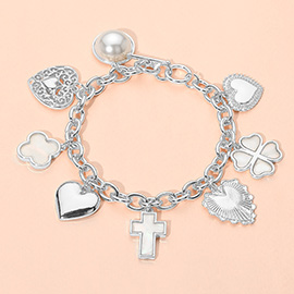 Metal Heart Pearl Clover Cross Charm Station Bracelet