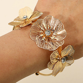 Rhinestone Centers Triple Cut Out Flower Accent Cuff Bracelet