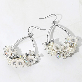 Flower Pearl Faceted Beaded Open Teardrop Dangle Earrings