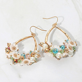 Flower Pearl Faceted Beaded Open Teardrop Dangle Earrings