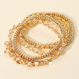5PCS - Round Stone Charm Station Faceted Beaded Stretch Multi Layered Bracelets