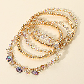 5PCS - Round Stone Charm Station Faceted Beaded Stretch Multi Layered Bracelets