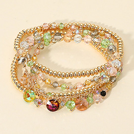 5PCS - Round Stone Charm Station Faceted Beaded Stretch Multi Layered Bracelets