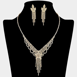 Flower Fringe Accent Rhinestone Paved Necklace