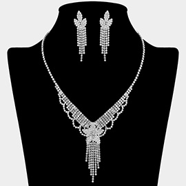 Flower Fringe Accent Rhinestone Paved Necklace