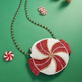 Holiday Peppermint Candy Beaded Round Mini Crossbody Bag