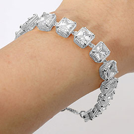 14K Gold Plated CZ Emerald Cut Stone Cluster Link Evening Toggle Bracelet
