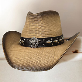 Metal Steer Head Emblem Studded Faux Leather Band Western Straw Cowboy Fedora Hat
