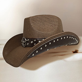 Metal Steer Head Emblem Studded Faux Leather Band Western Straw Cowboy Fedora Hat