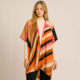 Multi Color Abstract Stripe Pattern Open Front Kimono Poncho