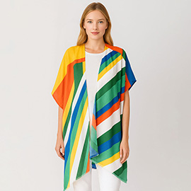 Multi Color Abstract Stripe Pattern Open Front Kimono Poncho