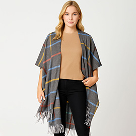 Fringe Hem Plaid Pattern Open Front Kimono Poncho