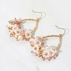 Flower Pearl Faceted Beaded Open Teardrop Dangle Earrings