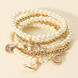 5PCS - Dolphin Sea Shell Starfish Charm Metal Ball Pearl Beaded Stretch Multi Layered Bracelets
