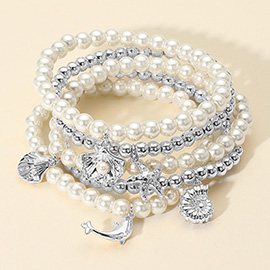 5PCS - Dolphin Sea Shell Starfish Charm Metal Ball Pearl Beaded Stretch Multi Layered Bracelets