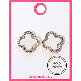 Gold Dipped Rhinestone Rim Quatrefoil Stud Earrings