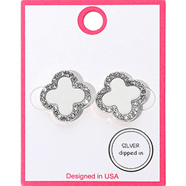 Silver Dipped Rhinestone Rim Quatrefoil Stud Earrings