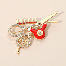 Rhinestone Embellished Hairdresser Tools Pin Brooch