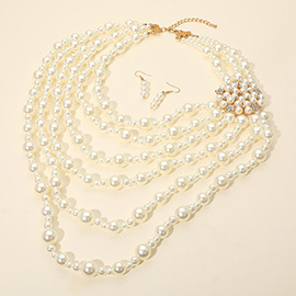 Floral Cluster Accent Pearl Layered Statement Necklace