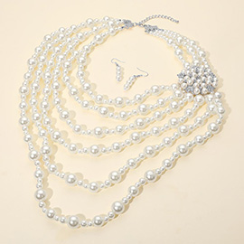 Floral Cluster Accent Pearl Layered Statement Necklace