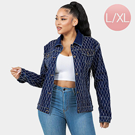 Diamond-Stitched Velvet Button-Up Denim Jacket