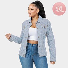 Diamond-Stitched Velvet Button-Up Denim Jacket