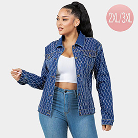 Diamond-Stitched Velvet Button-Up Denim Jacket