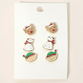 3Pairs - Holiday Reindeer Bear Elf Stud Earring Set