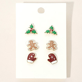 3Pairs - Christmas Holly Gingerbread Mittens Stud Earring Set