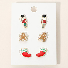 3Pairs - Holiday Nutcracker Gingerbread Stocking Stud Earring Set